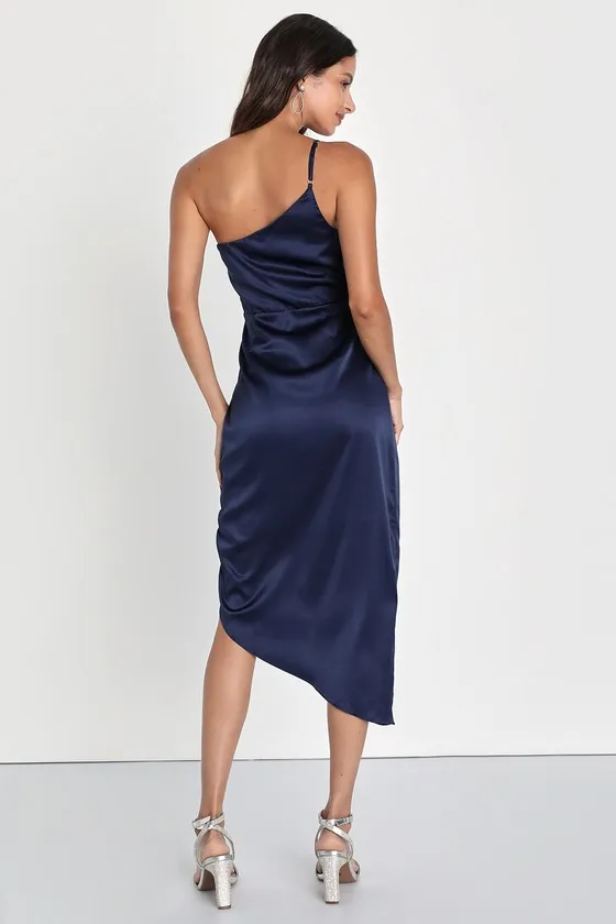 Law of Attraction Navy Blue One-Shoulder Asymmetrical Midi Dress sold by Lulus product image thumbnail 2