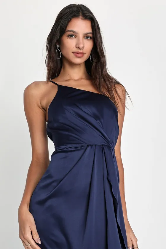 Law of Attraction Navy Blue One-Shoulder Asymmetrical Midi Dress sold by Lulus product image thumbnail 4
