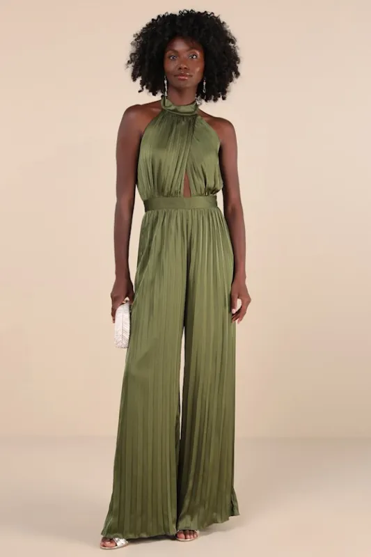 Confident Impression Olive Green Satin Pleated Halter Jumpsuit sold by Lulus