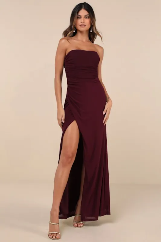 Epitome of Allure Purple Mesh Strapless Ruched Maxi Dress sold by Lulus