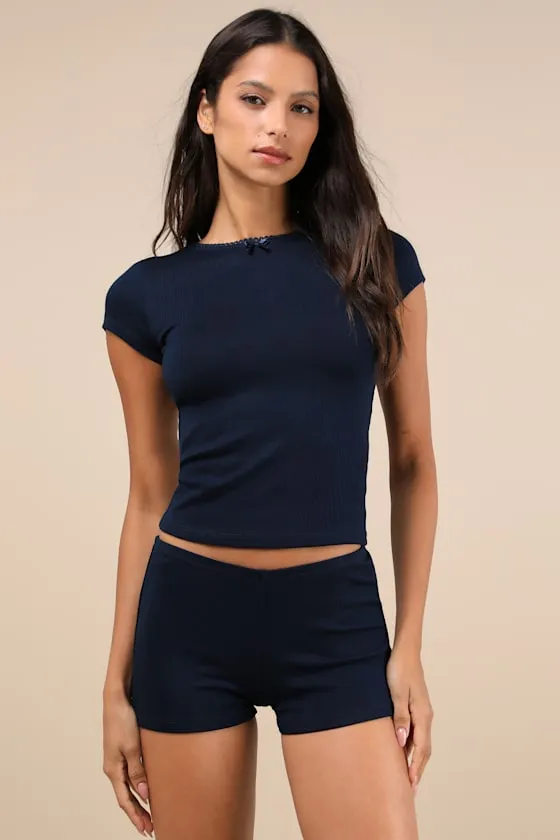Ritulia Navy Ribbed Low-Rise Micro Shorts sold by Lulus