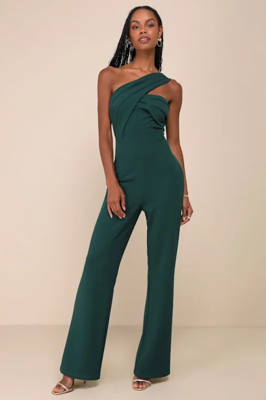 Devoted to Fun Hunter Green One-Shoulder Sleeveless Jumpsuit sold by Lulus