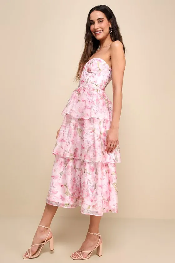 Pristine Cutie Light Pink Floral Organza Bustier Midi Dress sold by Lulus product image thumbnail 4