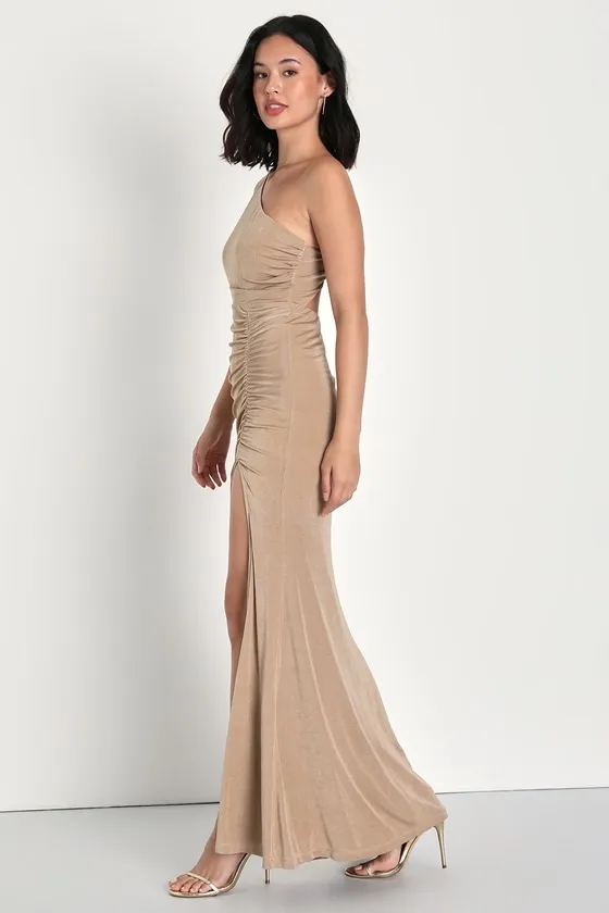 Especially Breathtaking Taupe Ruched One-Shoulder Maxi Dress sold by Lulus product image thumbnail 3