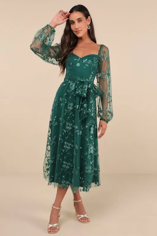 Darling Charisma Emerald Mesh Embroidered Midi Dress sold by Lulus