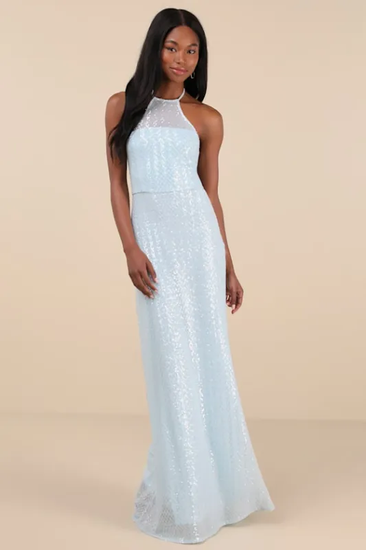 Kalina Light Blue Sequin Halter Maxi Dress sold by Lulus