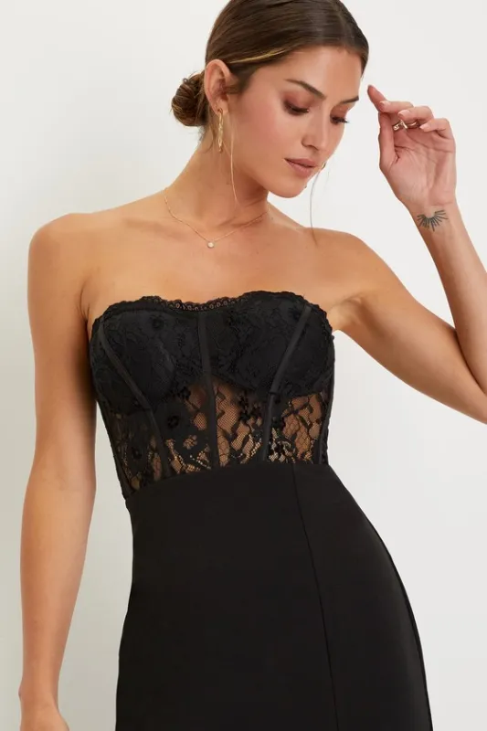 Sultry Persona Black Lace Strapless Bustier Mermaid Maxi Dress sold by Lulus