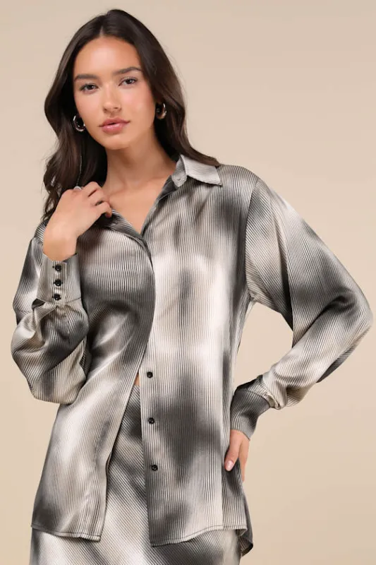 Poised Outcome Grey Multi Pinstriped Satin Button-Up Top sold by Lulus