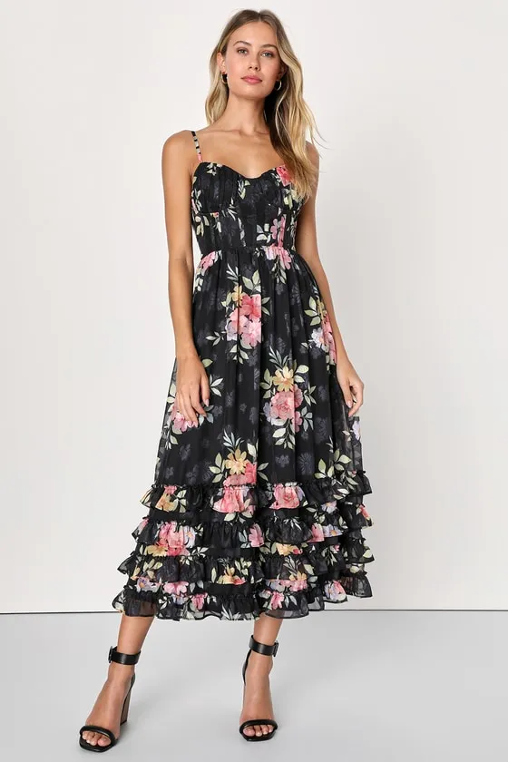 Elegant Radiance Black Floral Print Ruffled Bustier Midi Dress sold by Lulus