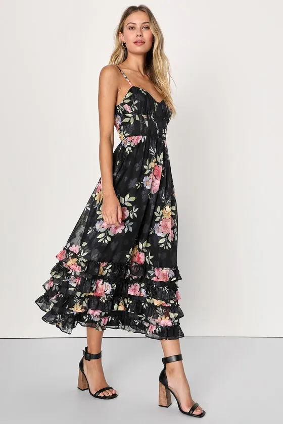 Elegant Radiance Black Floral Print Ruffled Bustier Midi Dress sold by Lulus product image thumbnail 3