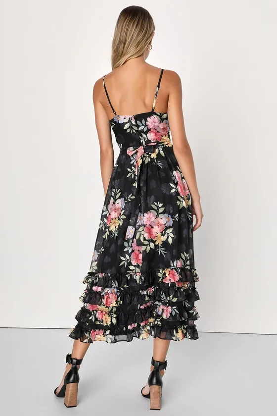 Elegant Radiance Black Floral Print Ruffled Bustier Midi Dress sold by Lulus product image thumbnail 4