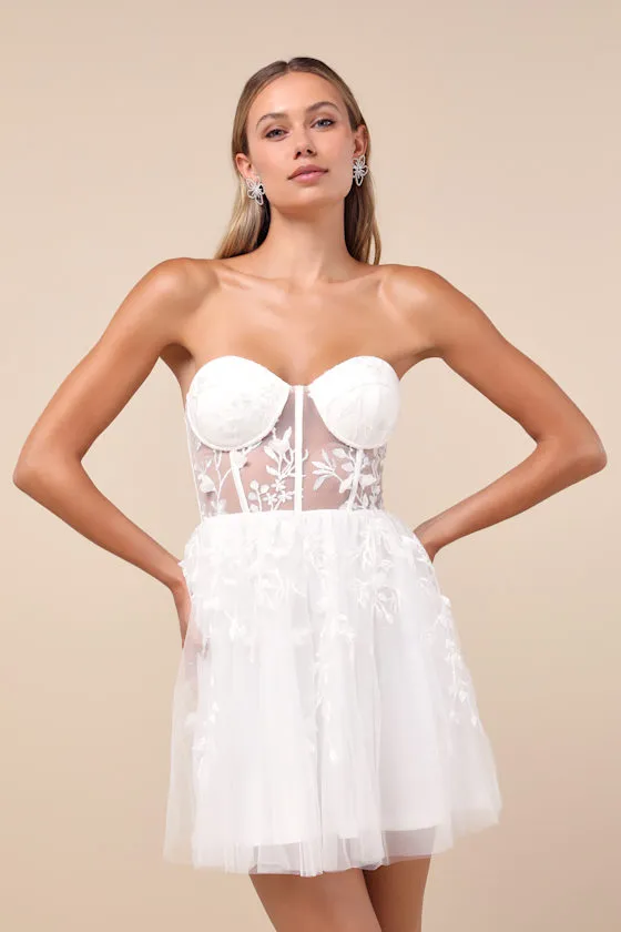 Marvelously Lovely White Tulle Embroidered Strapless Mini Dress sold by Lulus