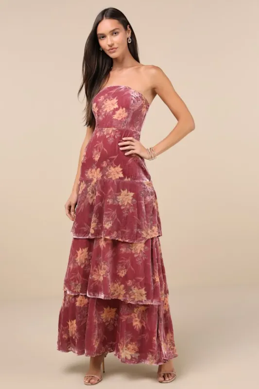 Real Allure Rose Pink Floral Burnout Velvet Strapless Maxi Dress sold by Lulus