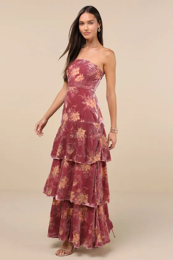 Real Allure Rose Pink Floral Burnout Velvet Strapless Maxi Dress sold by Lulus product image thumbnail 4