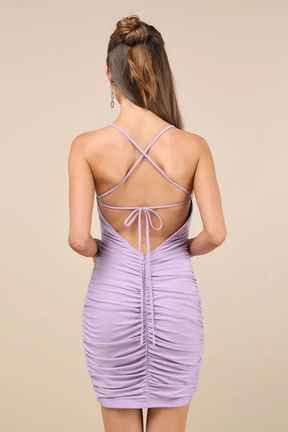 Confident Allure Lavender Ruched Lace-Up Bodycon Mini Dress sold by Lulus product image thumbnail 3
