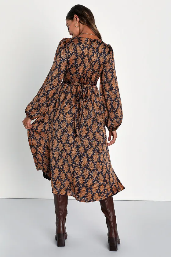 Graceful Impression Black and Orange Floral Print Midi Dress sold by Lulus product image thumbnail 4