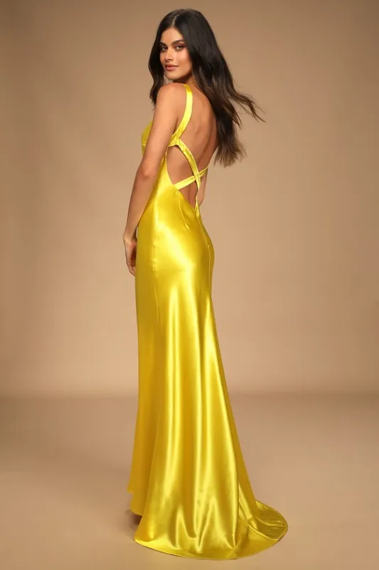 Perfectly Classy Yellow Satin Strappy Maxi Dress sold by Lulus
