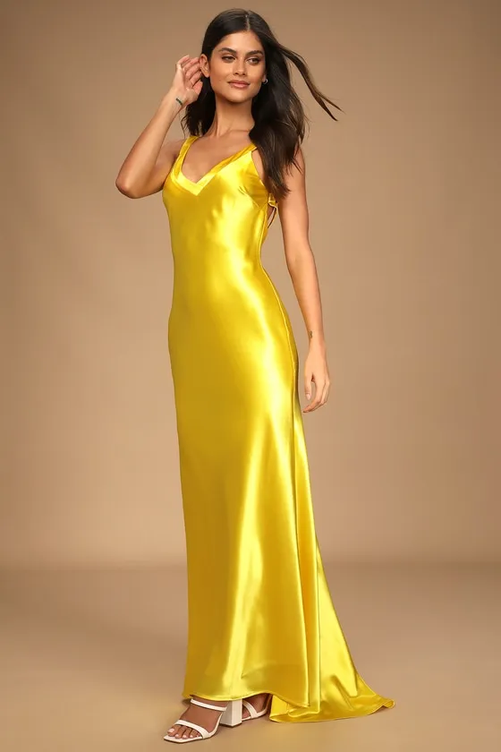 Perfectly Classy Yellow Satin Strappy Maxi Dress sold by Lulus product image thumbnail 3