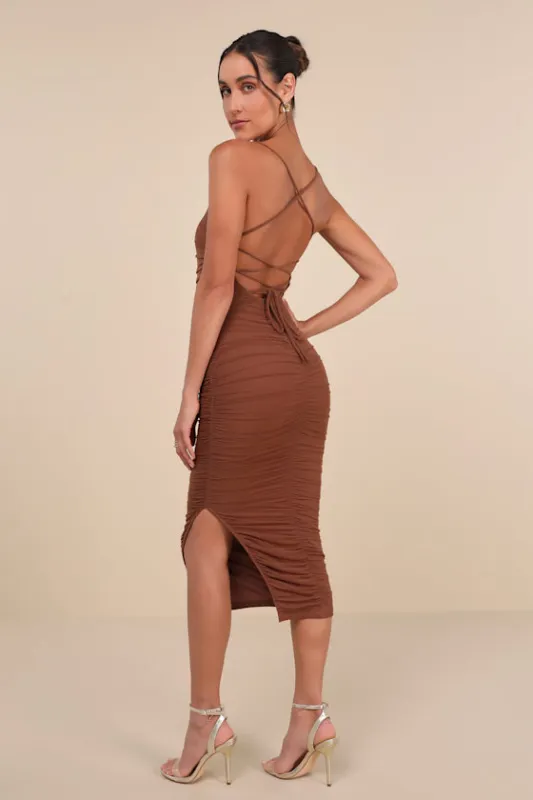 Flirty Instinct Brown Mesh Ruched Lace-Up Bodycon Midi Dress sold by Lulus