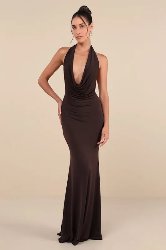 Eye-Catching Silhouette Dark Brown Cowl Neck Halter Maxi Dress sold by Lulus