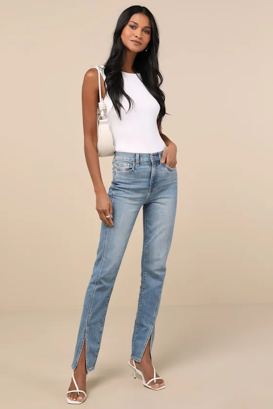 Downtown Light Wash High-Rise Split Hem Straight Leg Jeans sold by Lulus