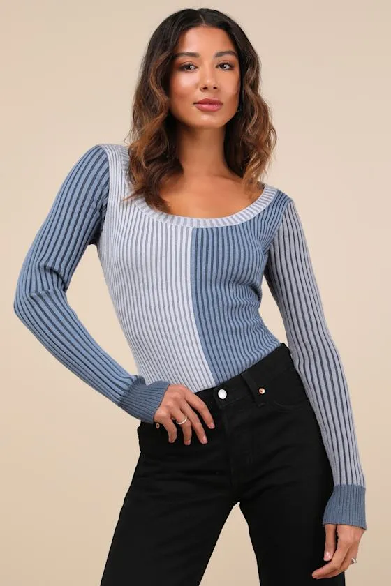 Mod Cutie Blue Color Block Ribbed Long Sleeve Bodysuit sold by Lulus
