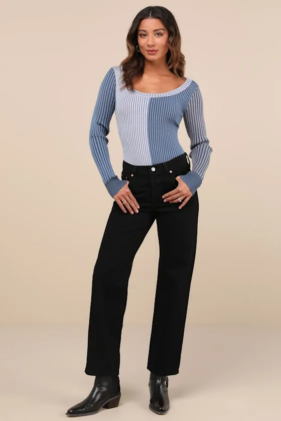 Mod Cutie Blue Color Block Ribbed Long Sleeve Bodysuit sold by Lulus product image thumbnail 2