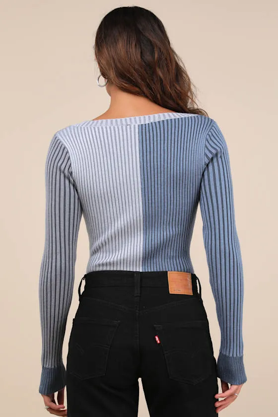 Mod Cutie Blue Color Block Ribbed Long Sleeve Bodysuit sold by Lulus product image thumbnail 3