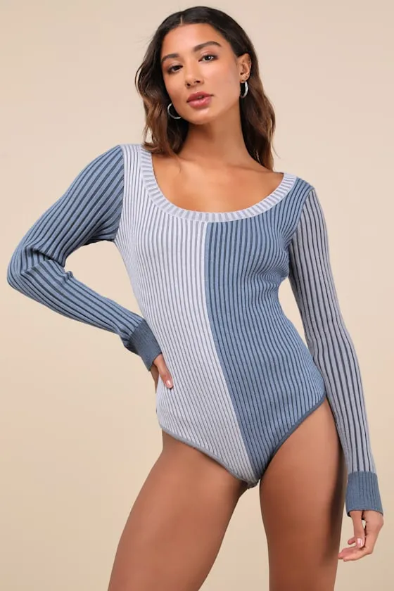 Mod Cutie Blue Color Block Ribbed Long Sleeve Bodysuit sold by Lulus product image thumbnail 4