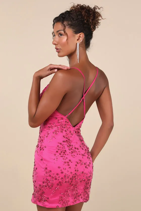 Blissful Blossoms Fuchsia Pink Sequin Backless Mini Dress sold by Lulus product image thumbnail 3