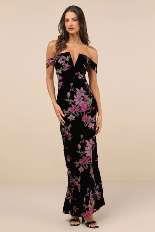 Enchanting You Black Burnout Velvet Off-the-Shoulder Maxi Dress sold by Lulus