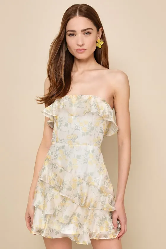 Sweet Grace Cream Floral Organza Strapless Ruffled Mini Dress sold by Lulus
