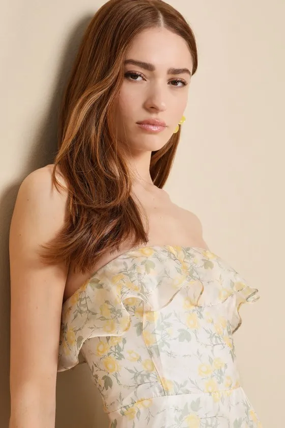Sweet Grace Cream Floral Organza Strapless Ruffled Mini Dress sold by Lulus product image thumbnail 4