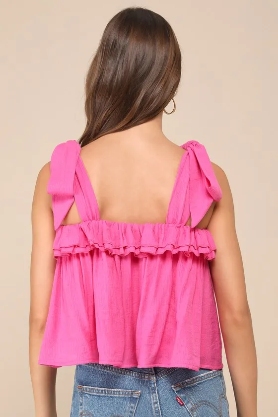Perfect Babe Hot Pink Ruffled Tie-Strap Top sold by Lulus product image thumbnail 3
