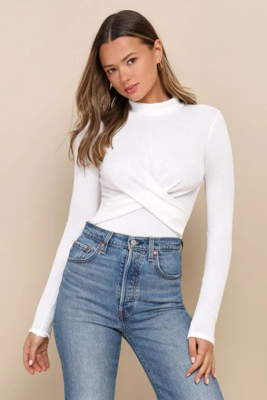 Twist Time Ivory Ribbed Twisted Mock Neck Long Sleeve Bodysuit sold by Lulus