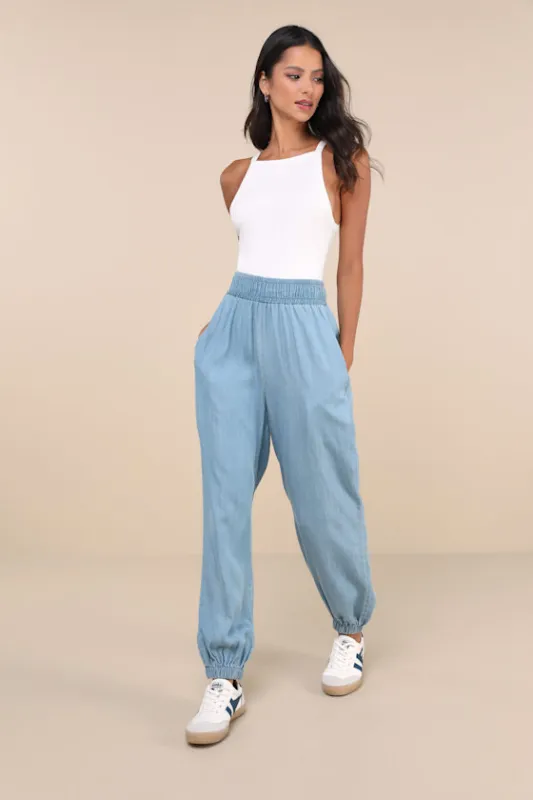 Breezy Feeling Light Blue Chambray High-Rise Jogger Pants sold by Lulus