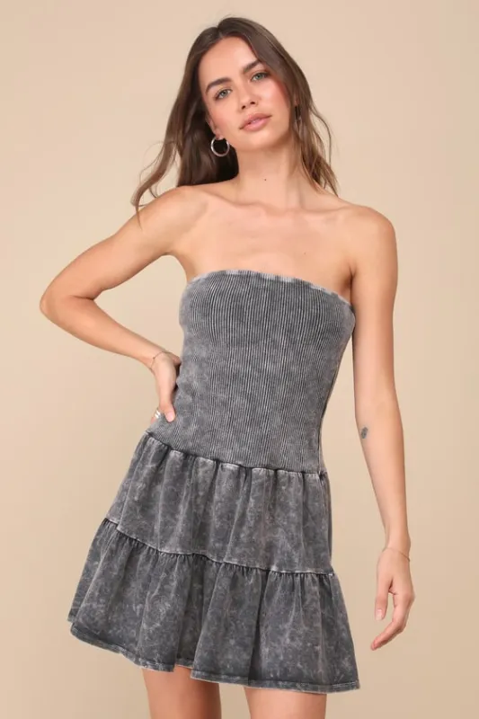 Cute Always Black Mineral Washed Ribbed Tiered Mini Dress sold by Lulus