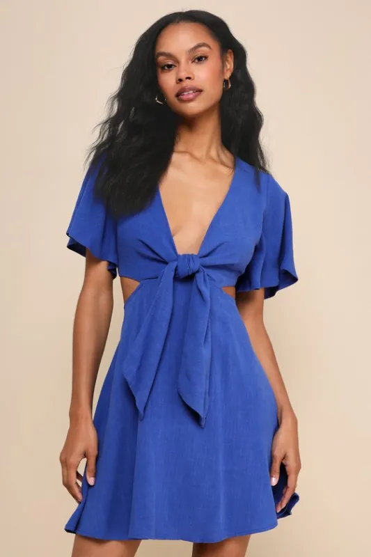 Perfect Day for Love Royal Blue Cutout Tie-Front Mini Dress sold by Lulus