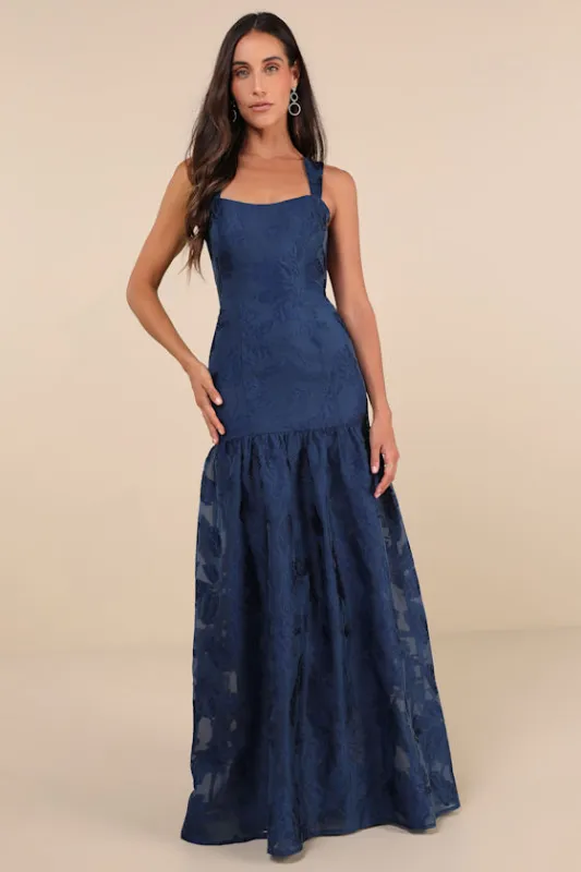 Opulent Aura Navy Floral Jacquard Tie-Back Drop Waist Maxi Dress sold by Lulus