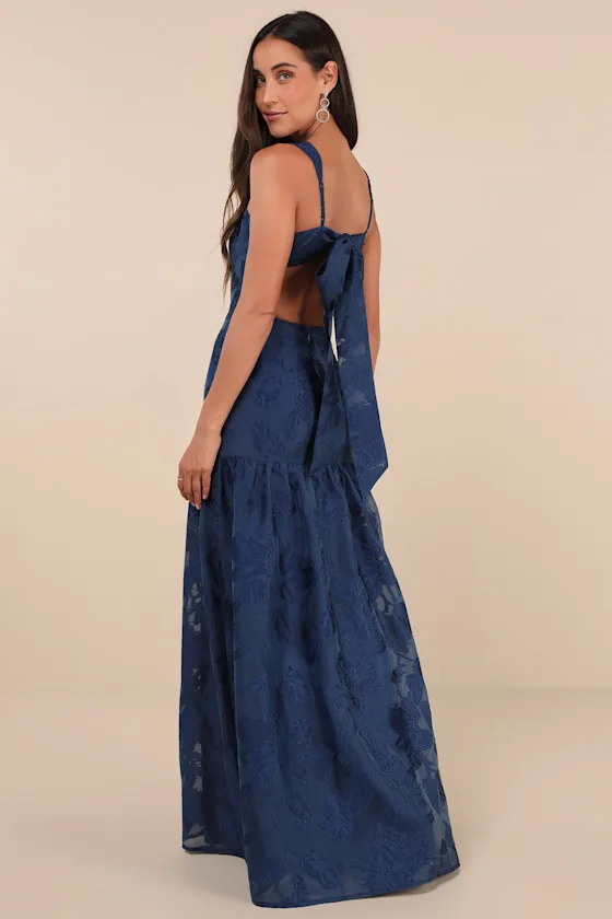Opulent Aura Navy Floral Jacquard Tie-Back Drop Waist Maxi Dress sold by Lulus product image thumbnail 2