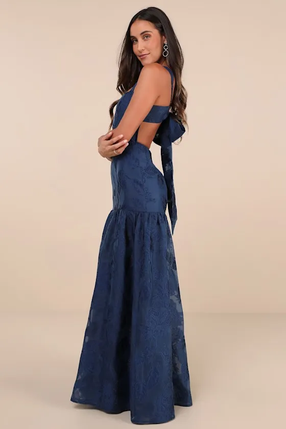 Opulent Aura Navy Floral Jacquard Tie-Back Drop Waist Maxi Dress sold by Lulus product image thumbnail 3