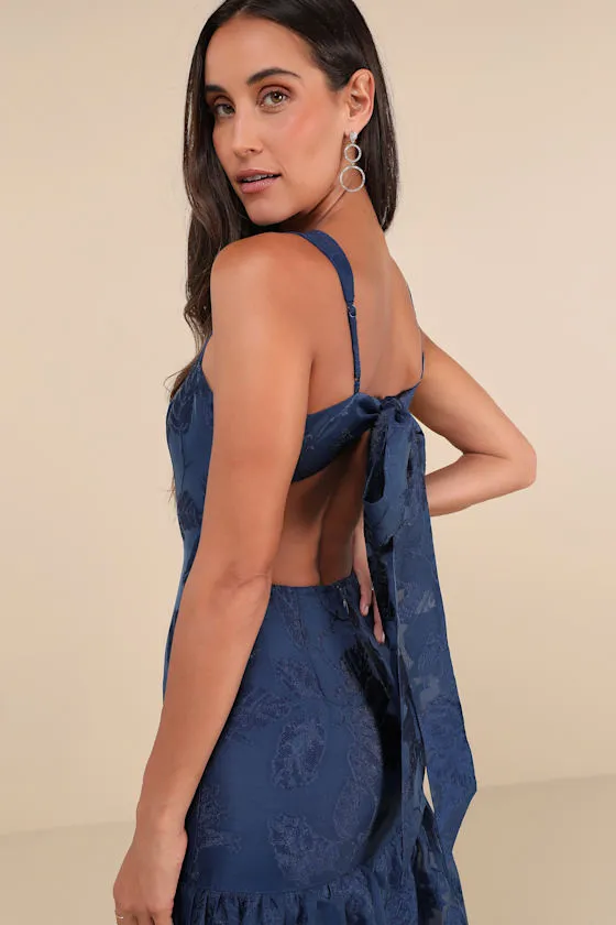 Opulent Aura Navy Floral Jacquard Tie-Back Drop Waist Maxi Dress sold by Lulus product image thumbnail 4