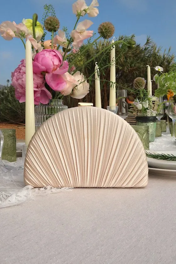 Pleat Perfection Champagne Satin Pleated Hard Clutch sold by Lulus