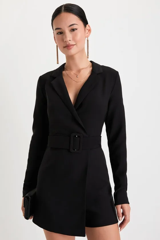Gorgeous Business Black Collared Long Sleeve Skort Romper sold by Lulus product image thumbnail 2