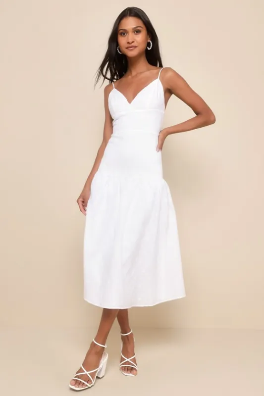 Serene Charm White Textured Embroidered Drop Waist Midi Dress sold by Lulus