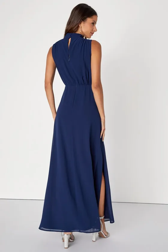 Classic Elegance Navy Chiffon Sleeveless Mock Neck Maxi Dress sold by Lulus product image thumbnail 2