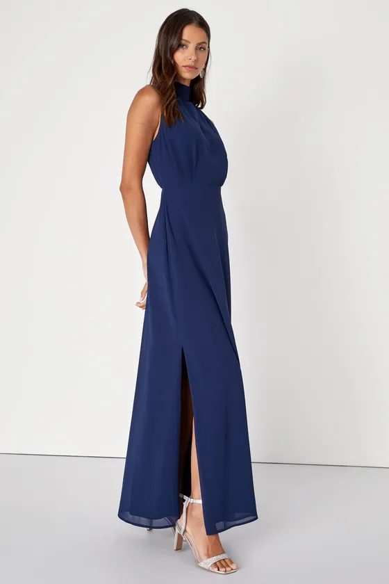 Classic Elegance Navy Chiffon Sleeveless Mock Neck Maxi Dress sold by Lulus product image thumbnail 4