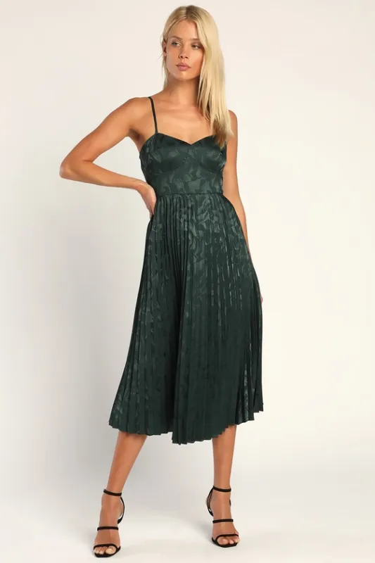 Chic Sensibility Dark Green Satin Jacquard Pleated Midi Dress sold by Lulus