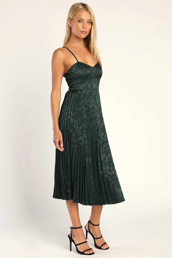Chic Sensibility Dark Green Satin Jacquard Pleated Midi Dress sold by Lulus product image thumbnail 2