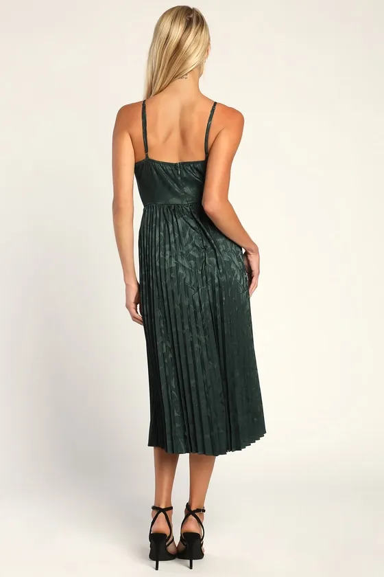 Chic Sensibility Dark Green Satin Jacquard Pleated Midi Dress sold by Lulus product image thumbnail 4